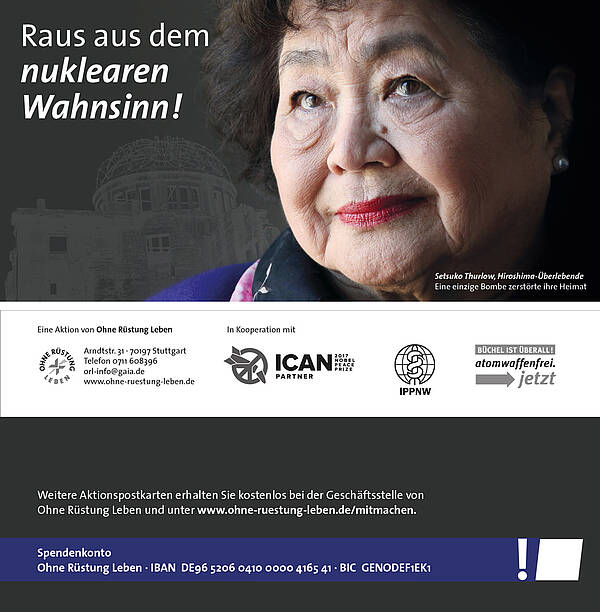 Aktionspostkarte: "Raus aus dem nuklearen Wahnsinn!" an Außenministerin Baerbock (blau)