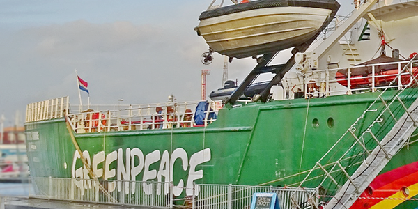 Ein Schriff von Greenpeace im Hafen