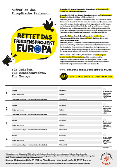 Unterschriftenliste: "Rettet das Friedensprojekt Europa"