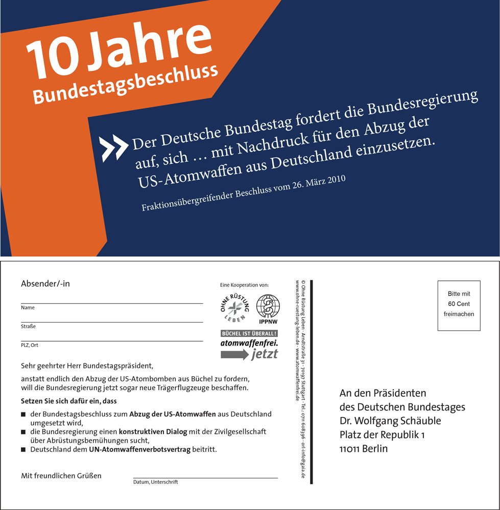 Aktionspostkarte zu 10 Jahren Bundestagsbeschluss zum Abzug der Atomwaffen aus Deutschland
