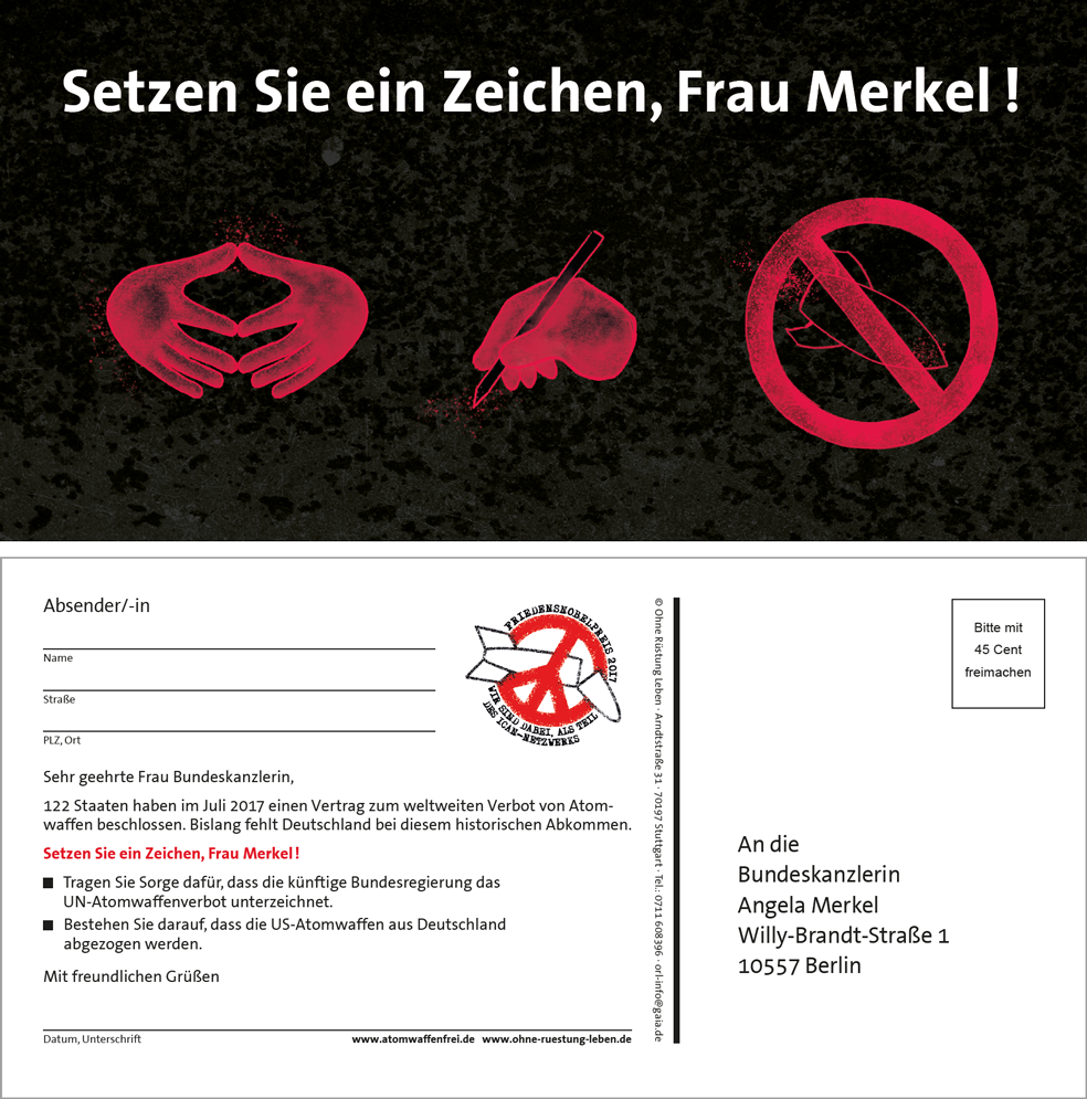 Aktionspostkarte: Setzen Sie ein Zeichen, Frau Merkel!