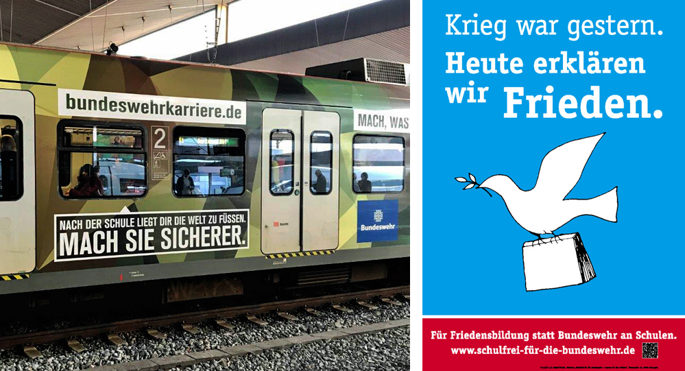 Bundeswehr-Werbung an einer S-Bahn und von der Bahn abgelehntes Plakatmotiv für mehr Friedensbildung
